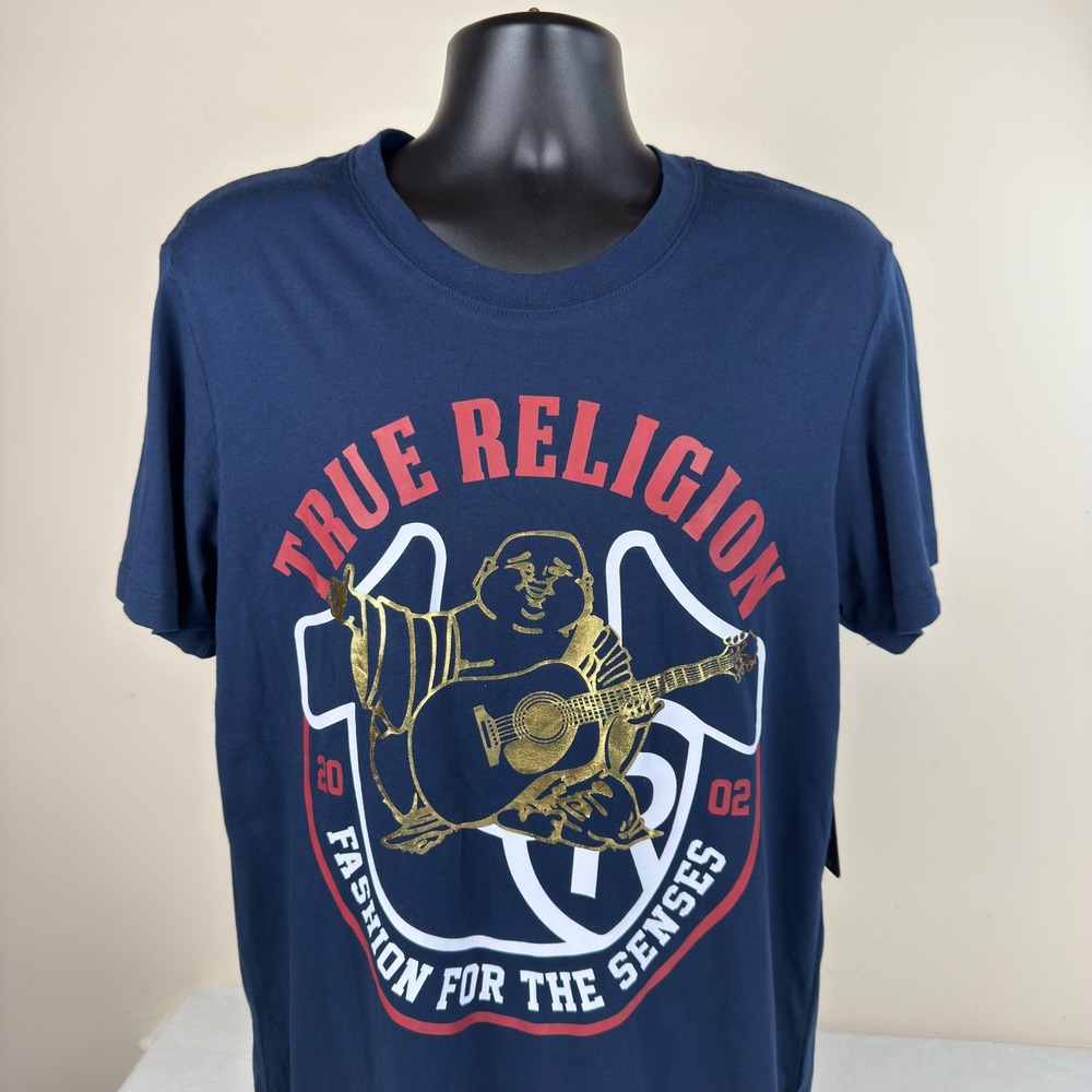 True Religion Mens Buddha Dome Foil Graphic Tee Dress Blue Navy 700468 Large NWT